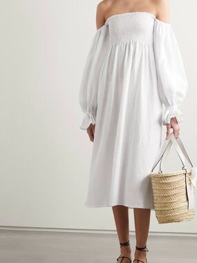 Sleeper Atlanta Linen White Off-Shoulder Midi Dress smocked casual beach bridal